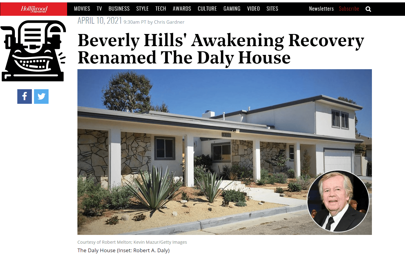 The Hollywood Reporter Features Awakening Recovery’s Daly House